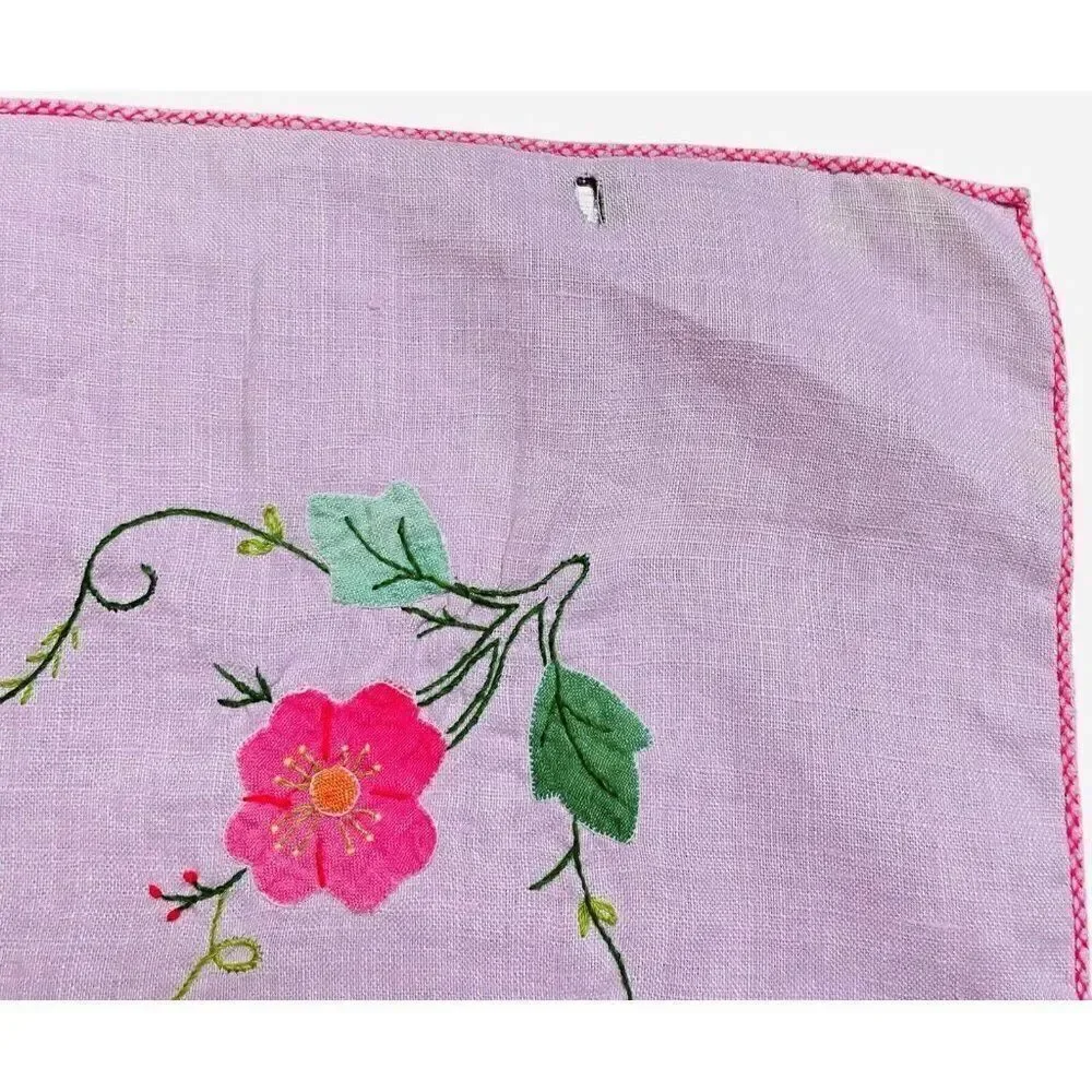Vintage Handmade Pink Square Embroidered Floral Tablecloth 42 x 41 Appliqué Cute